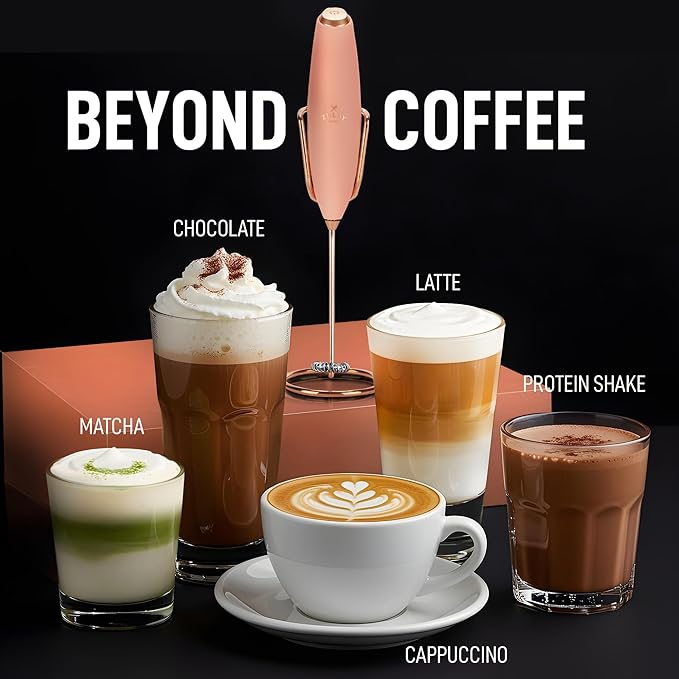 Zulay Kitchen Powerful Milk Frother Wand With Duracell Batteries - Ultra Fast Handheld Drink Mixer - Electric Whisk Foam Maker for Coffee, Lattes, Cappuccino & Matcha - Z1 Motor - Exec Peach Copper