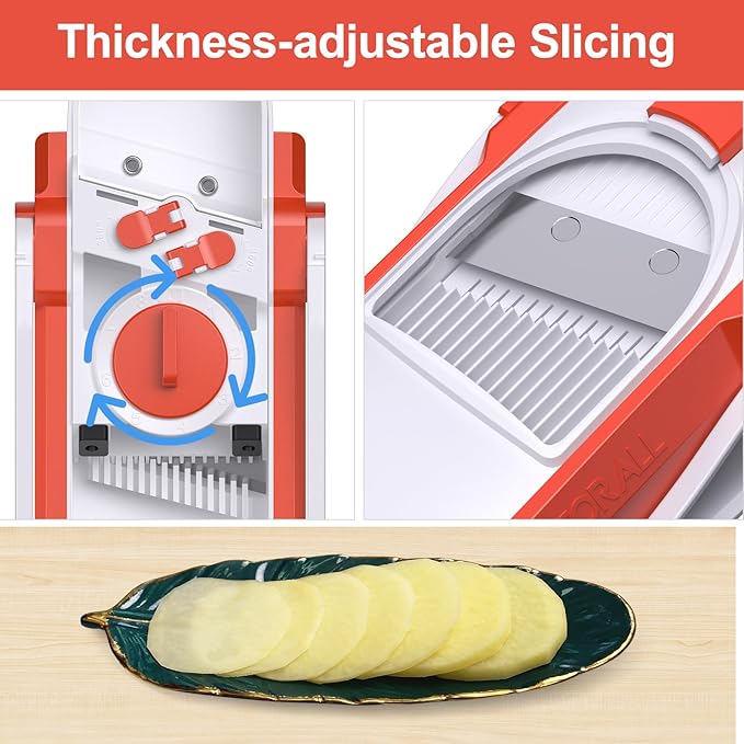 Safe Mandoline Slicer for Kitchen, Adjustable Thickness 0.1-8 mm, 5 in 1 Multi Vegetable Chopper, Potato Slicer, Food Chopper French Fry Cutte, Paring Knife/Cleaning Brush, Mandolin (Tropical orange)