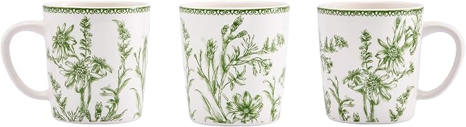 Bico Green Garden Toile De Jouy Ceramic Coffee Mugs Set of 4, 18 oz Large Tea Cups with Handle, Aesthetic Latte Mugs for Cappuccino Cocoa, Lead-Free, Dishwasher and Microwave Safe, Housewarming Gift