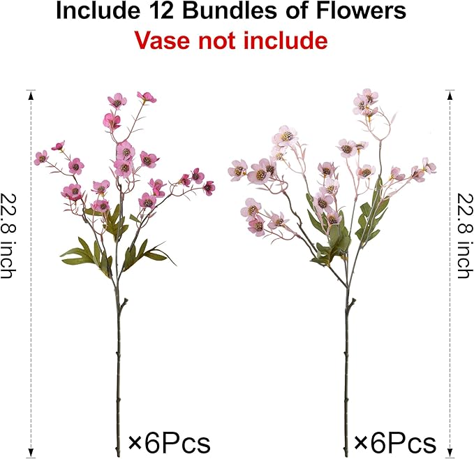 florisso Artificial Wild Flowers Indoor, 12 Pcs Long Stems Fake Flowers Pink Silk Faux Flowers for Vase Filler Table Centerpiece Floral Arrangement Home Decor, Pink