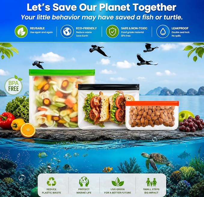 14-Pack Reusable Silicone-Style Ziplock Food Storage Bags – BPA-Free, Leakproof with 4 Snack, 6 Sandwich & 4 Gallon Sizes – Extra Thick, Freezer Safe & Eco-Friendly for Kitchen, Meal Prep & Travel
