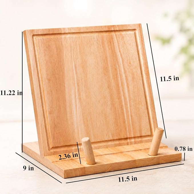 Wooden Cookbook Stand & Cutting Board, 3-in-1 Recipe Book Holder & Tablet Stand with Detachable Boards, Serving Tray, Juice Groove for Kitchen Counter