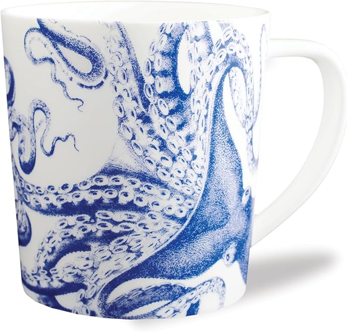 Caskata Lucy the Octopus Oversized Mugs Set of 4 | High-Design Premium Lead-Free Porcelain Blue Mug Set for Entertaining or Everyday | Unique Party Mugs for Wedding or Birthdays | 14 oz