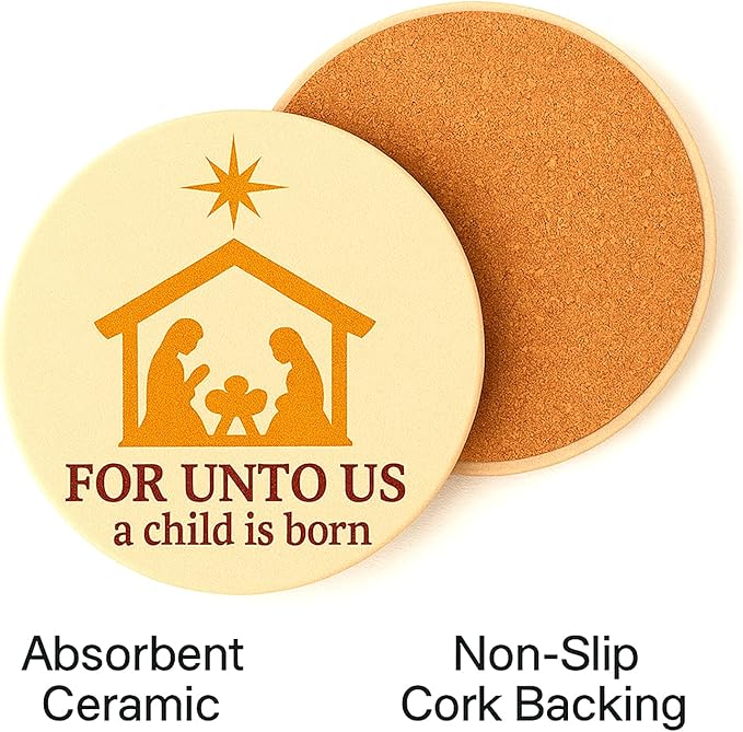 for Unto Us A Child is Born Nativity Scene Christmas Coasters Set of 4, Absorbent Ceramic with Non-Slip Cork Backing – Christian Religious Holiday Drink Coasters for Coffee Table, Home, Church Decor