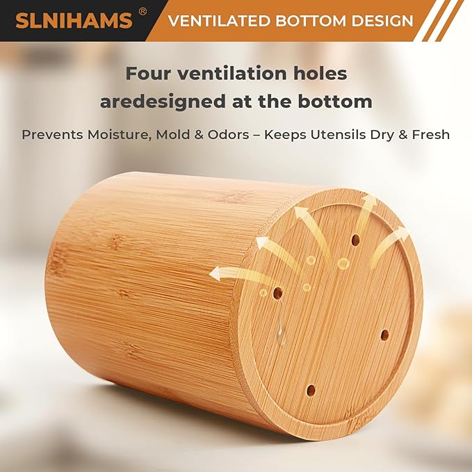 Bamboo Utensil Holder, 7.3"+5.4" Set of 2 Utensil Holders for Kitchen Counter, Bamboo Spoon and Chopstick Organizer, Flatware, Spatula & Silverware Storage Containers, for Countertop & Pantry