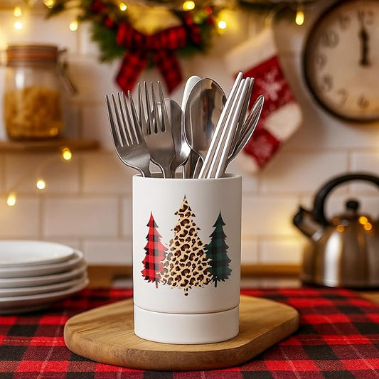 Christmas Tree Kitchen Decoration Ceramic Kitchen Utensil Holder Crock Spoon Organizer for Countertop Table Decorations Coffee Spoon Holder Jar for Cooking Tools