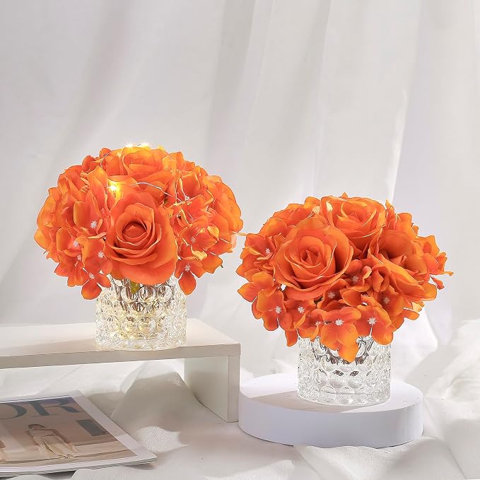 Rose Silk Flower Arrangement Artificial Vivid Rose in Glass Vase with LED Light Elegant Centerpiece for Home Wedding Bathroom Table Shelf Decoration (Orange)