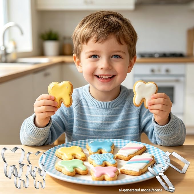 6 Pieces Tooth Cookie Cutters Set, Stainless Steel Dental-Themed Biscuit Molds Includes Teeth, Toothpaste, Toothbrush for Baking, Dental Party, Kids Birthday, Dentist Appreciation, Halloween Treats