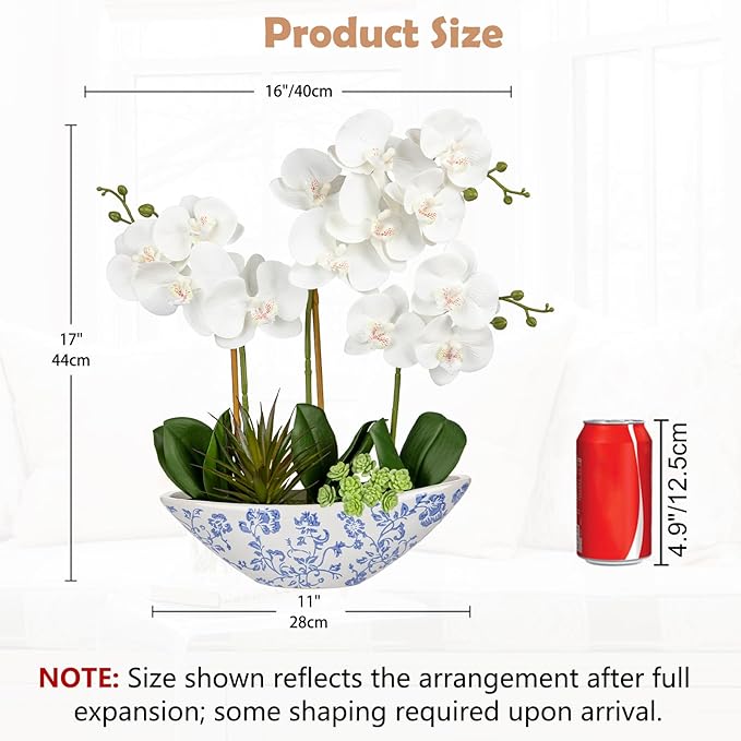 Briful White Orchid Fake Flowers 17in Artificial Orchid Silk Flowers in Blue and White Ceramic Pot Faux Orchid Arrangement for Home Office Bathroom Dining Table Modern Decoration