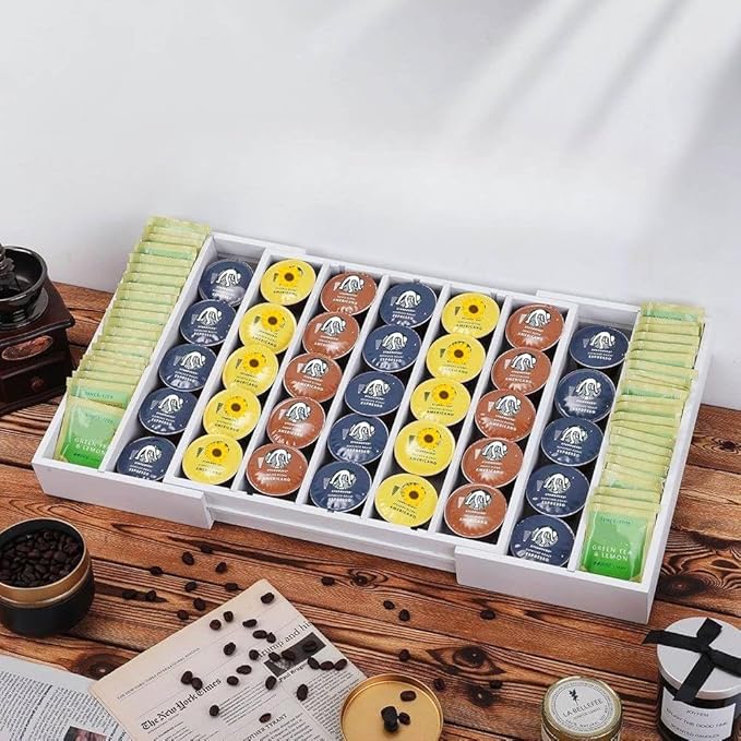 K Cup Holder,Bamboo Coffee Pod Holder Drawer Organizer, Expandable Coffee Pod Holder Tea Bag Storage Organizer for Kitchen Office Coffee Bars,Accommodate 45 K Cups (White)