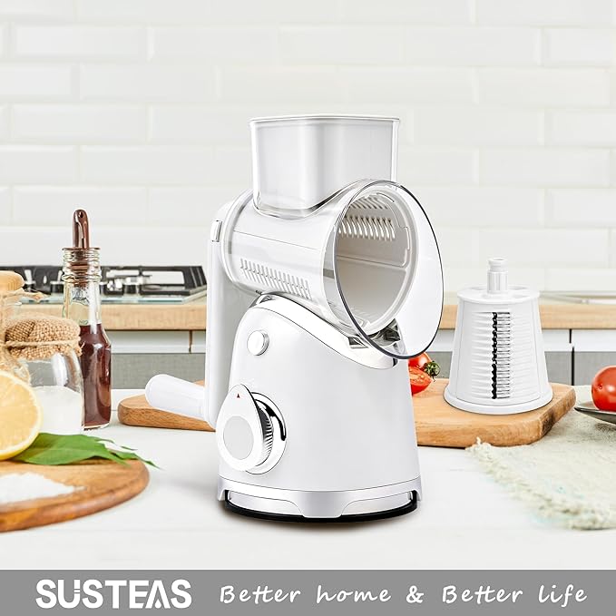 SUSTEAS Rotary Cheese Grater with Handle,Vegetable Slicer with 6 Interchangeable Blades, Reinforced Suction,Easy to Clean,Kitchen Shredder for Crushed Ice,Fruits and Nuts with Blade Storage Case,White