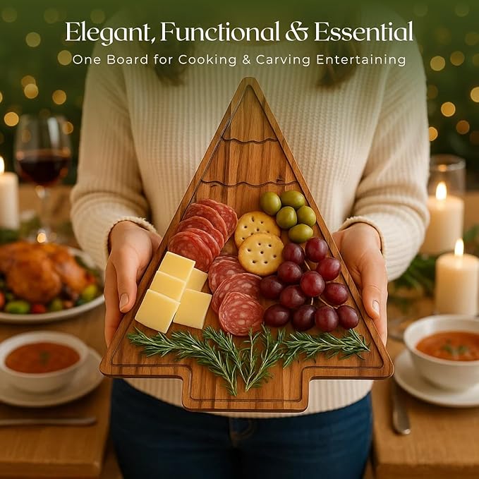 Aurah Acacia Wood Christmas Tree Cutting Board 13.5x11 Inch - Chopping Board with Handle, Xmas Cheese Appetizer Tray, Wooden Decorative Serving Platter for Kitchen & Holiday Party