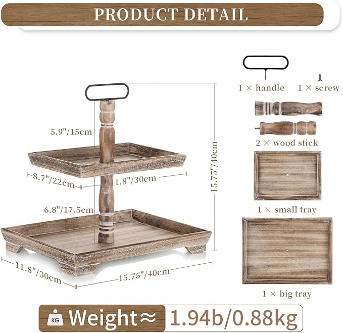 Hanobe 2 Tiered Decorative Tray Stand for Coastal Coffee Table Decor | Large Farmhouse Display Stands for Seasons - Wood for Kitchen Counter Decorations