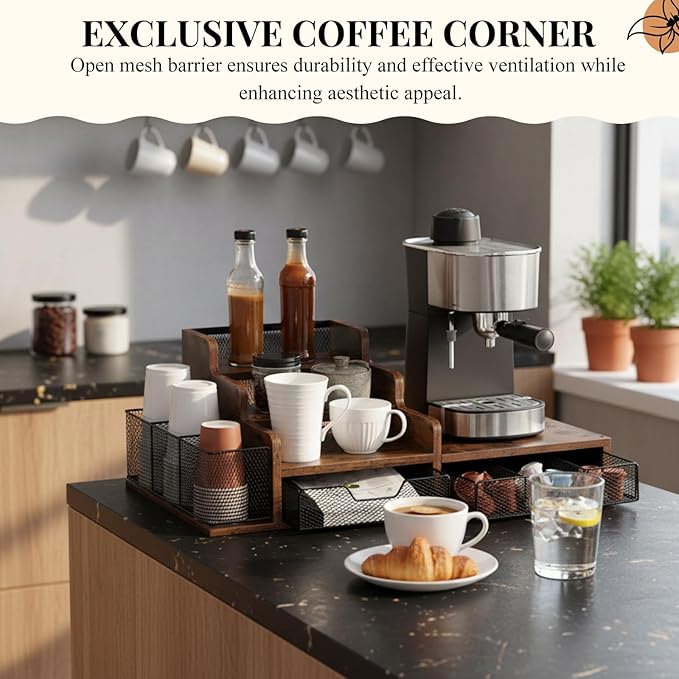 Potchen Wood Coffee Station Organizer Coffee Bar Organizer with 3 Tier Sliding Pods Storage Drawer Compatible with K Cup Storage Holder for Countertop Bar Accessories
