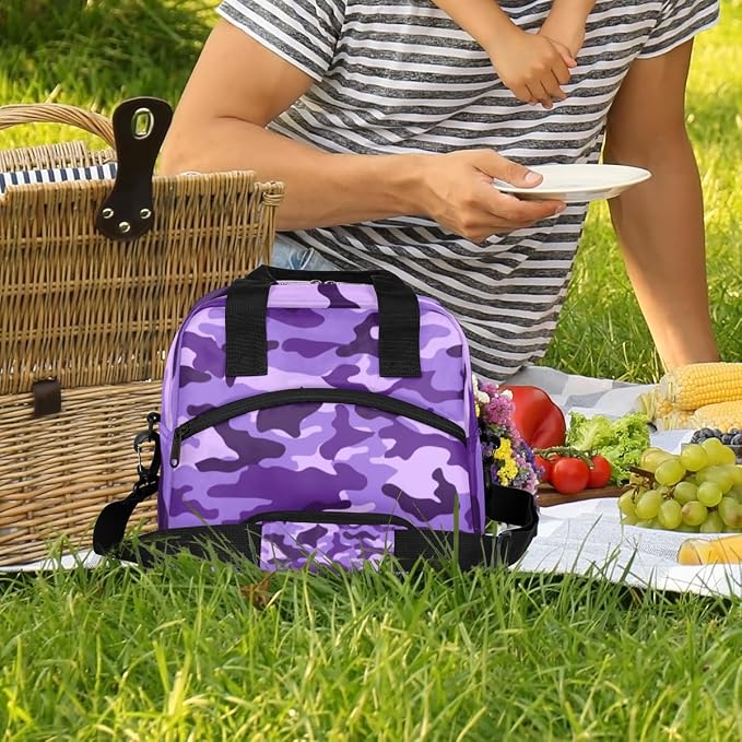 Purple Camouflage Insulated Lunch Bag for Women Men Reusable Lunch Box Cooler Bag Large Leakproof Lunch Tote with Adjustable Shoulder Strap for Adult Work Picnic Camping Beach Office
