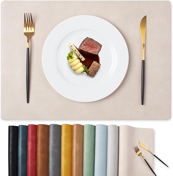 MOSAYT Vinyl Placemats Set of 6-12 X 17 Inch - Faux Leather 100% Waterproof Oil-Proof Wipeable PU Place Mats, Heat Resistant Reversible Table Mats for Kitchen, Dining, Outdoor, Beige
