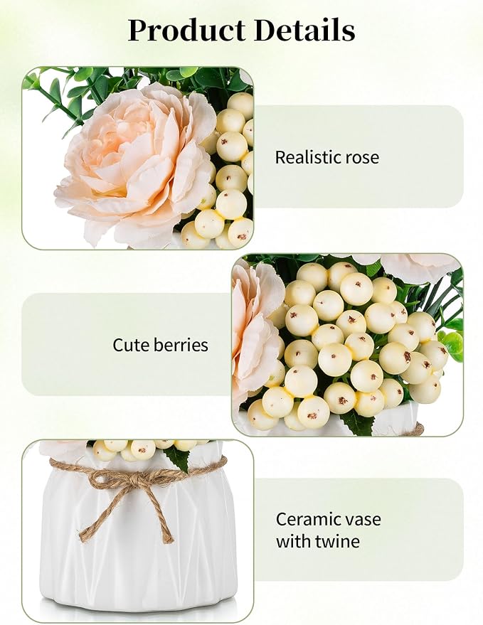 BLOSMON Table Decor Artificial Flowers Vase 7 Inch Small Fake Champagne Flower Arrangement 2pcs Floral Arrangement for Tables centerpieces Kitchen Dining Room Decorations Flower in Vase Silk Roses
