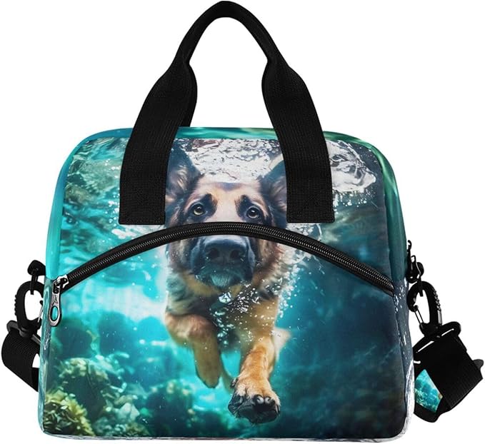 ALAZA German Shepherd Dog Swimming Underwater Lunch Box for Men Women Adults Insulated Lunch Bag Cooler Bag with Adjustable Shoulder Strap for Work Picnic Travel