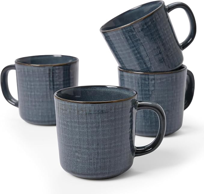 famiware Moonlight Coffee Mug Set of 4, 14oz Mug Set with Linen Finish, Coffee Cup Set with Handle for Latte, Cappuccino, Tea, Hot Cocoa, Microwave and Dishwasher Safe, Dark Blue