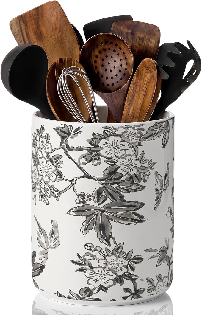 Suclain Vintage Floral Ceramic Utensil Holder 6.3 Inch Rustic Kitchen Crock Country Chinoiserie Gray Floral Countertop Storage Organizer for Spatulas and Spoons Elegant Home Cooking Unique Gift Idea