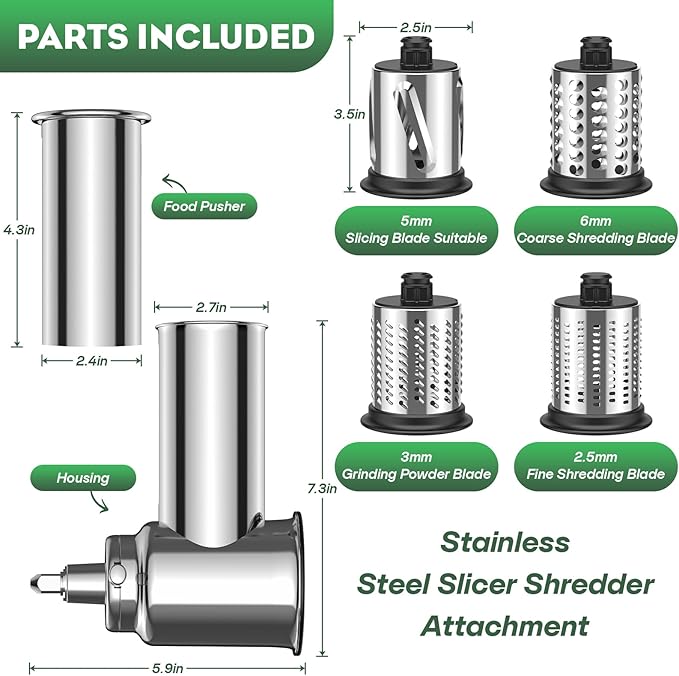 Stainless Steel Slicer Shredder Attachment for KitchenAid Stand Mixer, Includes Cheese Grater,Grinding Powder,Vegetable Slicer Shredder for KitchenAid cheese grater attachments with 4 Blades by HOZODO