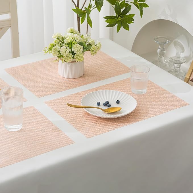 BACKTOEDEN Placemats Set of 8 Heat Resistant Washable Wipeable Placemat Woven Non-Slip Foldable Vinyl/Plastic Place Mats Indoor/Outdoor Mat Kitchen Dining Table Pad, Bright Silk Pink