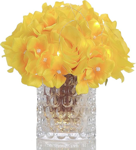 Rose Silk Flower Arrangement Artificial Vivid Rose in Glass Vase with LED Light Elegant Centerpiece for Home Wedding Bathroom Table Shelf Decoration (Yellow)