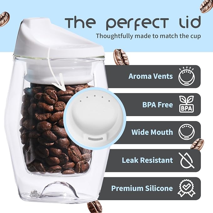 To-Go Espresso Glass Travel Mug with Lid, Reusable Double Wall Glass Tumbler, Fits Most Coffee Makers/Cupholders for Your Car, Gifts for Coffee Lovers, 2-Pack Flat White Cortado Cups