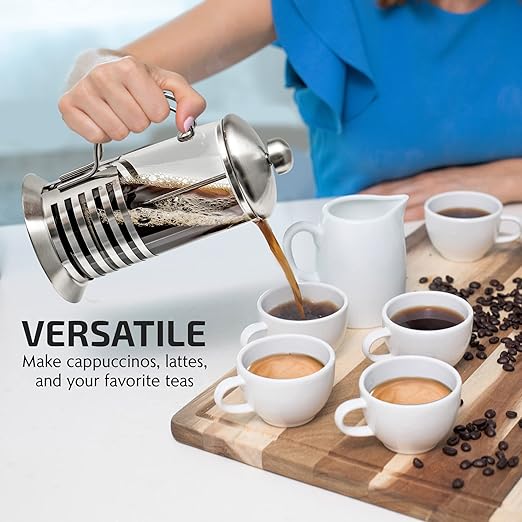OVENTE French Press Coffee Maker 12 Ounce with Heat Resistant Borosilicate Glass, Stainless Steel Design and 4-Level Filter System, Portable Cold Brewer Pot for Travel, Camping or Gift, Silver FSH12S