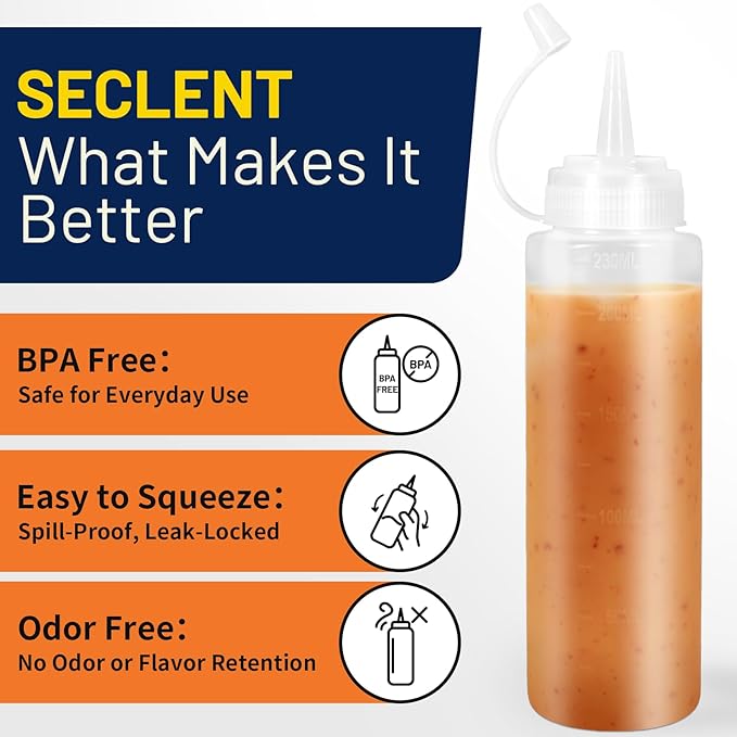 8 oz Squeeze Bottles, Plastic Condiment Squeeze Bottles for Sauces, Ketchup, Squirt Bottle for Dressing, Sauce Bottle for Syrup, Oil, Dressing, Mustard, Pancake Batter - 6 Pack