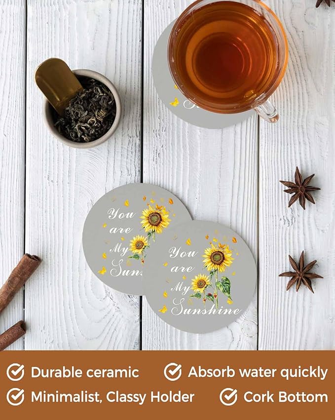 Coasters Set of 4 Sunflowers Drink Coasters with Holder Absorbent Stone Ceramic Cup Mat Grey Butterfly You are My Sunshine Coaster for Drinks Coffee Bar Office Kitchen Cafe Home Decor