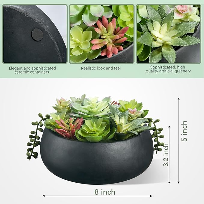 8inch Artificial Succulent Plants in Pots,Large Fake Succulents with Black Ceramic Pot for Home Office Desk Bathroom Coffee Table Decor