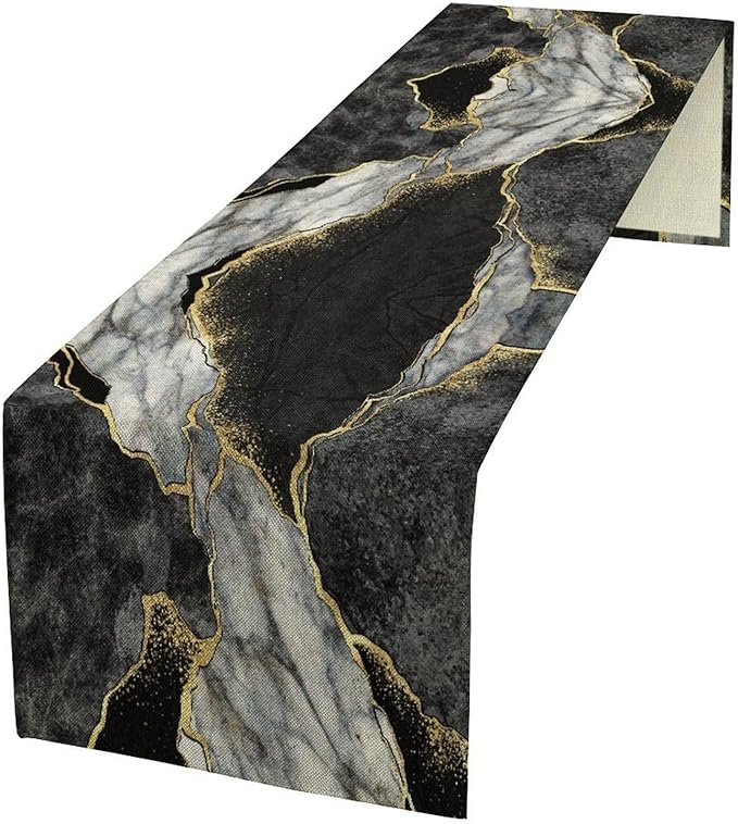 Marble Table Runner, Black Grey and Gold Abstract Modern Luxury Texture Printed Linen Table Runners for Home Farmhouse Kitchen Dining Room Party Holiday Decor 13" W x 36" L