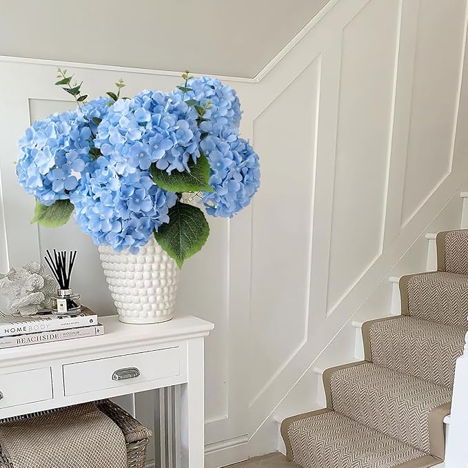 JINWOE Blue Flowers Hydrangea Artificial Flowers, 5Pcs 20Inch Large Lifelike Silk Artificial Hydrangeas, Full Fake Flowers for Bouquet Table Centerpieces Wedding Indoor Home