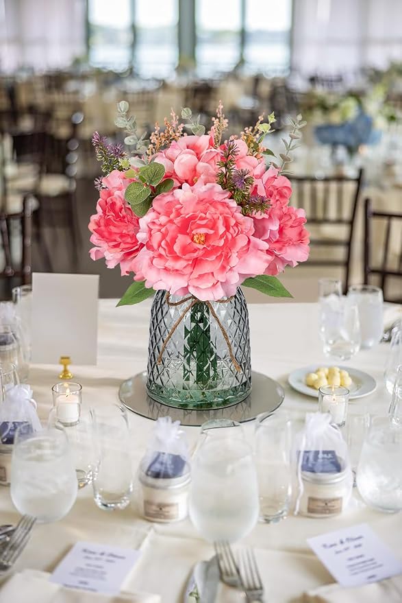 Briful Faux Flowers with Glass Vase Artificial Peony Hydrangea Silk Floral Arrangement Realistic Fake Flowers Bouquet in Vase for Home Office Dining Room Table Centerpiece Mantle Decor(Peach Pink)