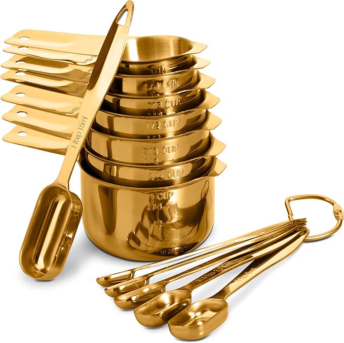 13‑Piece Stainless Steel Measuring Cups and Spoons Se18/8 Professional Grade, Engraved US & Metric Measurements for Dry and Wet Ingredients, Durable Kitchen Set for Baking and Cooking, Gold