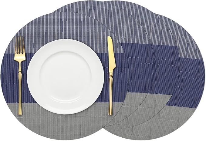 Round Placemats Set of 4, 15 Inch Woven Vinyl Heat Resistant Place Mats, Washable Non Slip PVC Table Mats for Kitchen Dining Party Outdoor Table Decor (Blue Gray, 4)