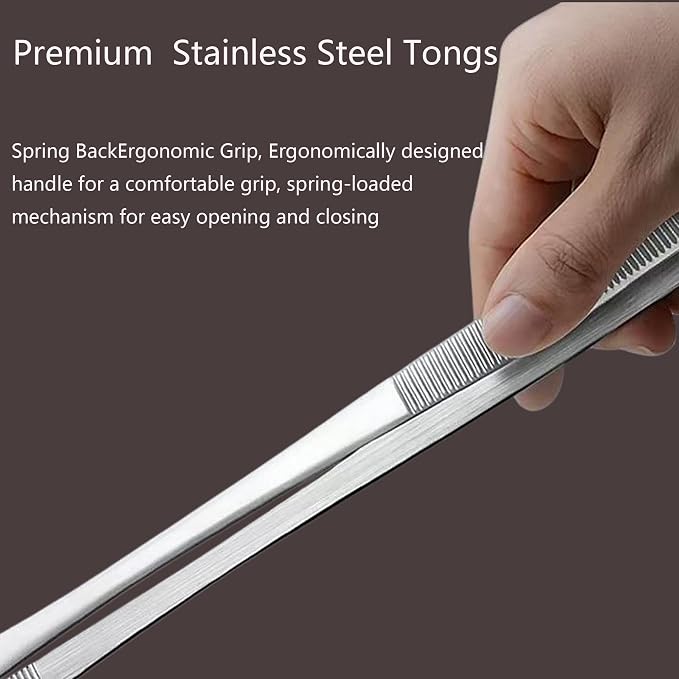 10-Inch Fine-Tip Kitchen Tweezers Tongs, Extra-Long Stainless Steel Cooking Tweezers Dishwasher Safe for Grilling, Baking & Food Prep (2 Parks 10In BBQ Tongs w/Hook)