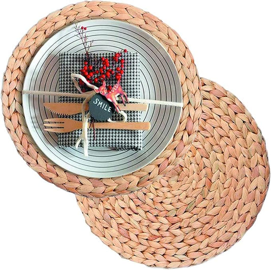 Set of 2 Woven Placemats for Dining Table, Natural Water Hyacinth Weave Placemat Set Round Braided Rattan Tablemats Insulation Pads for Cooking and Baking (2, 11.8 Inch)