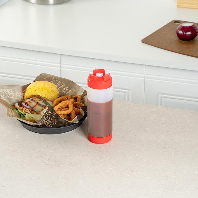 Restaurantware Plastic Squeeze Bottle 20 oz Refillable Condiment Bottle Large Valve Dishwashable Red Inverted Sauce Dispenser For Thick Condiments, Dressings, Batter, Sour Cream, And Syrups