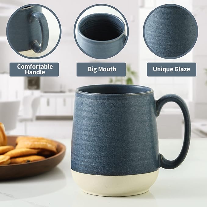 Hasense Porcelain Coffee Mugs Set of 6, 15 Ounce Large Ceramic Coffee Cups Set with Handle for Latte, Tea, Cocoa and Hot Chocolate, Dark Blue Coffee Mugs for Men and Women, Microwave Safe