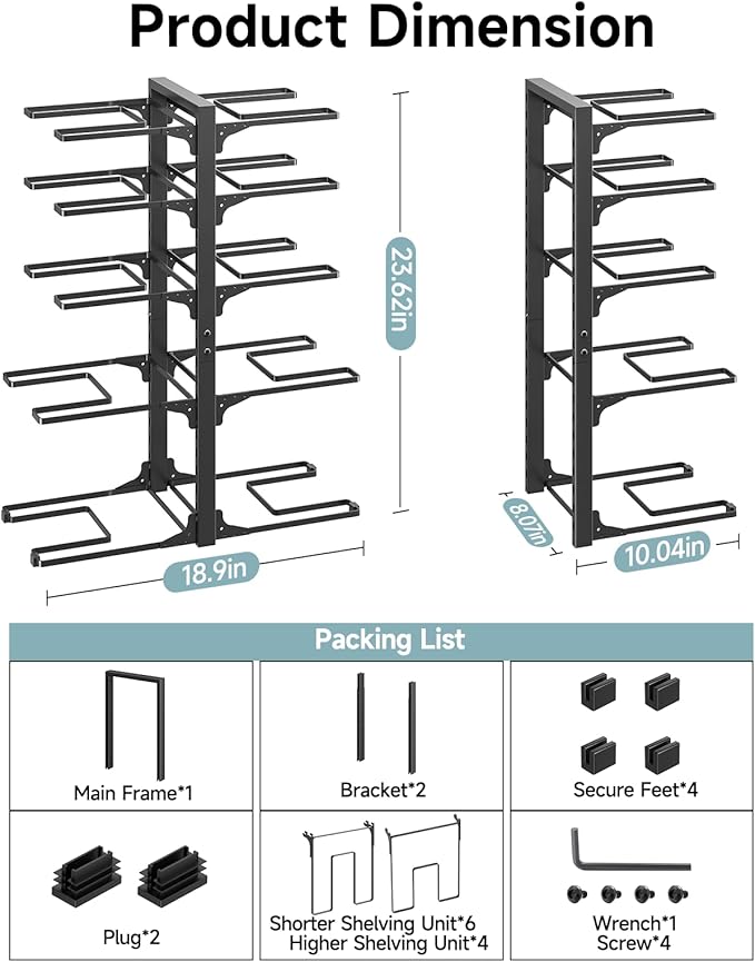MUDEELA Pots and Pans Organizer Rack under Cabinet 23.62" Height, 10-Tier Adjustable Heavy Duty Pot and Pan Organizer Rack inside Cabinet for Kitchen Organizer Cast-iron Pans, Heavy Cookware