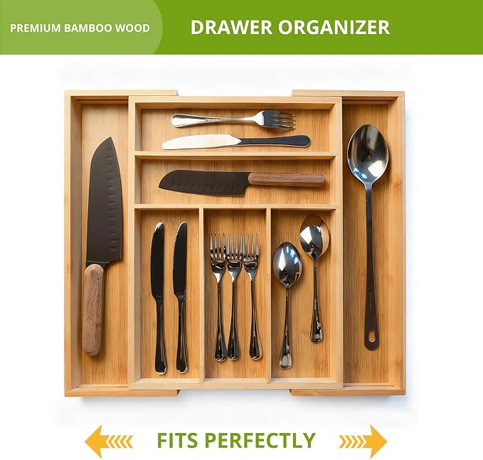 Premium Bamboo Kitchen Drawer Organizer, Perfect for Storing Cutlery, Silverware, and Gadgets, Suitable for Kitchens, Living Rooms, and Bedrooms, 5-7 Compartments, 13 to 19.6 Inches Wide