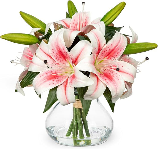 Artificial Flowers Tiger Lily Real Touch with Vase Easter Lily Pink Lilies Silk Faux Flowers Arrangements in Glass Vase with Faux Water Easter Decor Fake Floral Bulk Bouquet for Office Home Decor