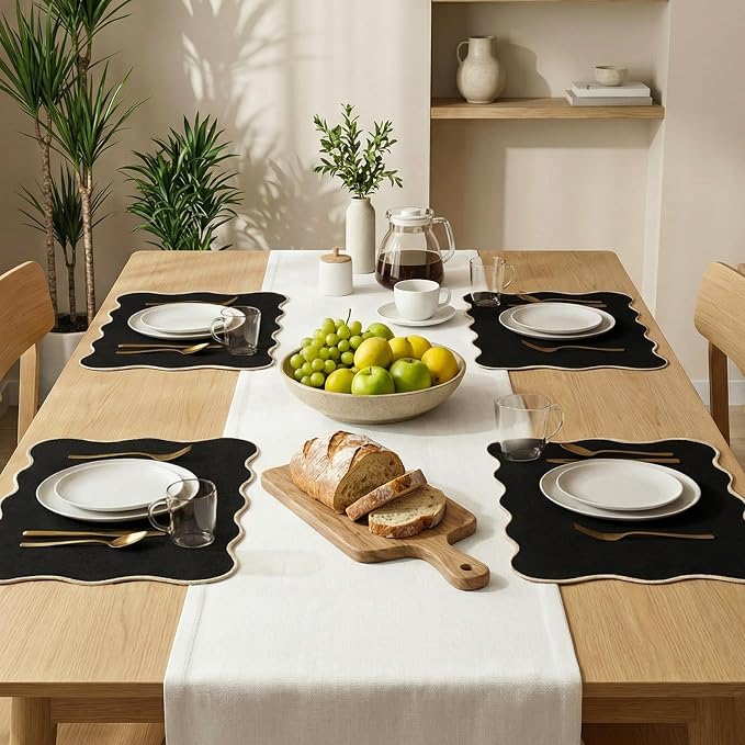 AHHFSMEI Faux Linen Placemats Set of 6 Heat Resistant Non-Slip Stain Proof Table Mats for Kitchen Dining Elegant Decor Place Mats (Black)