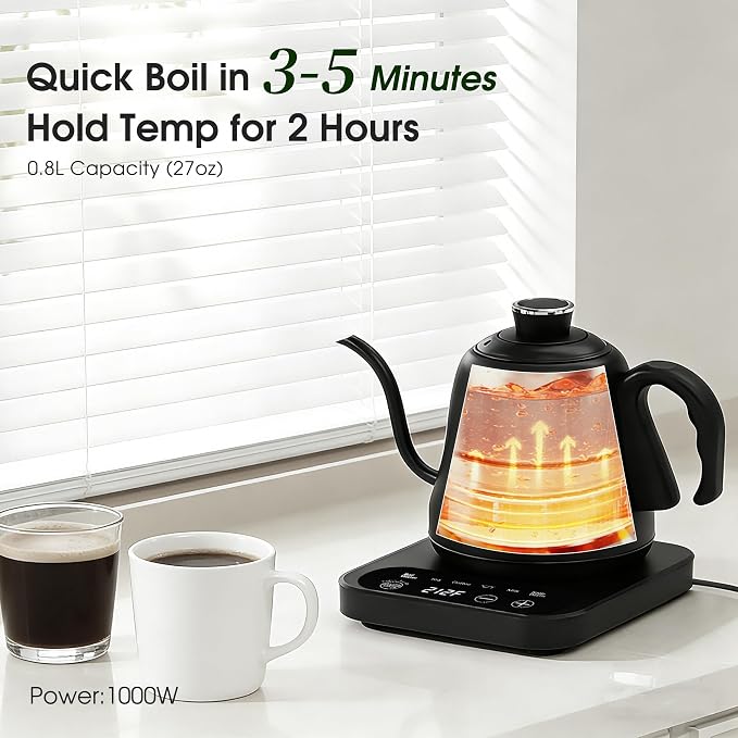 Gooseneck Electric Kettle Temperature Control: ±1℉ Precise Target | 316L Stainless Steel Electric Kettles for Boiling Water, Pour Over Coffee & Brew Tea, 1000W Quick Heating, 2h Keep Warm, 0.8L