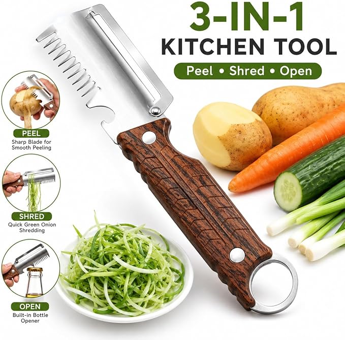 2Pack 3-in-1 Vegetable Peeler with Faux Wood Handle, Stainless Steel Julienne Peeler & Scallion Shredder with Built-In Bottle Opener, Kitchen Peeler for Potato, Carrot, Cucumber, Apple & Fruits