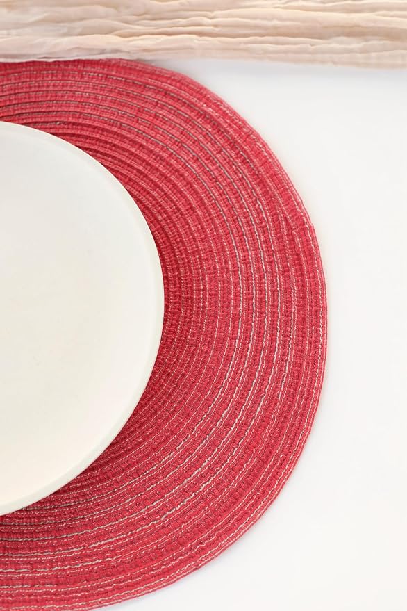 Floroom 15 Inch Round Braided Placemats Set of 4, Washable Heat Resistant Cotton Polyester Circle Place Mats for Kitchen Dining Table - Dark Red