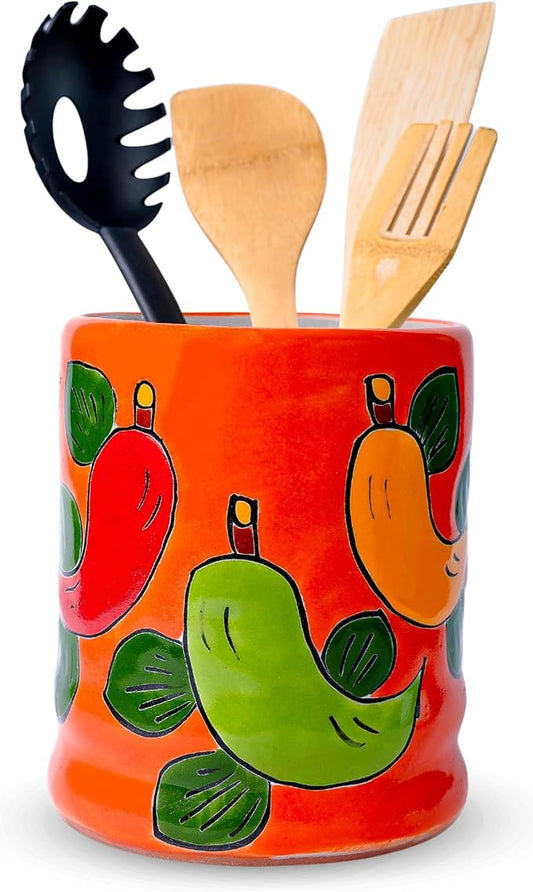 Talavera Utensil Holder - Hand Painted Ceramic Spoon Crock - Colorful Utensil Crock - Large Mexican Spoon Rest 6" H (Orange Chilies)