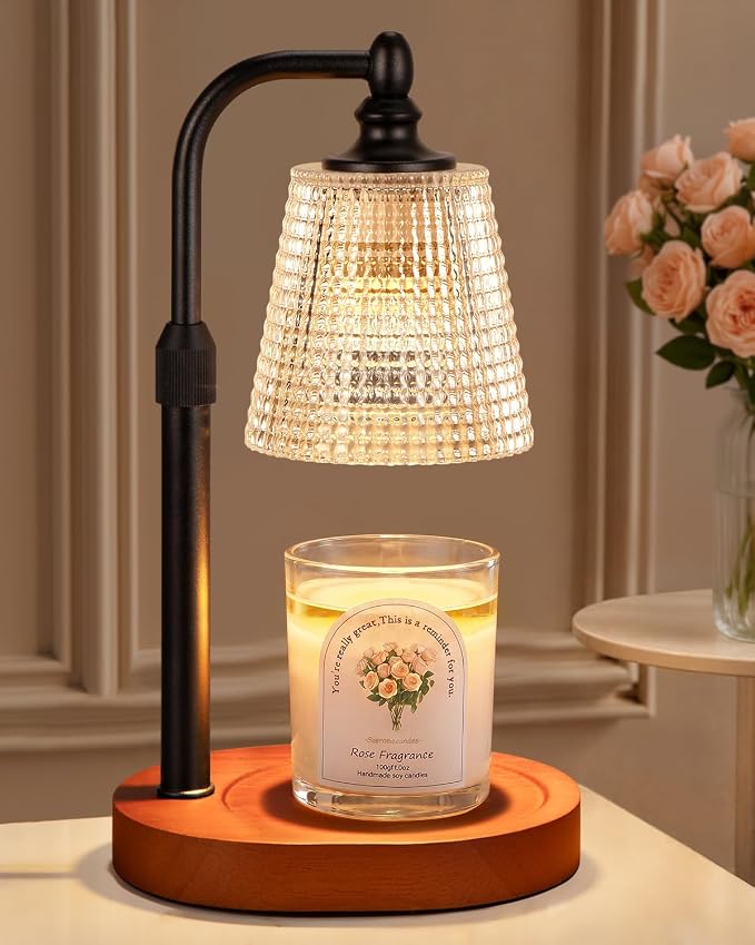 Hong-in Candle Warmer Lamp with Timer Dimmer, Birthday Gifts for Women, House Warming Gifts for New Home, Vintage Room Decor, Adjustable Height Candle Lamp, Wax Warmer for Scented Jar Candles, Walnut